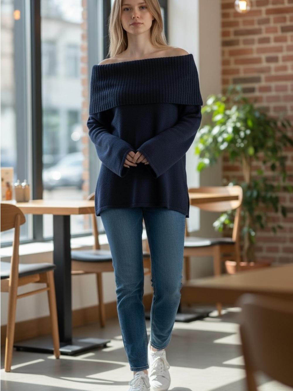 UGG Off-the-Shoulder Foldover Ribbed Sweater - Navy Blue